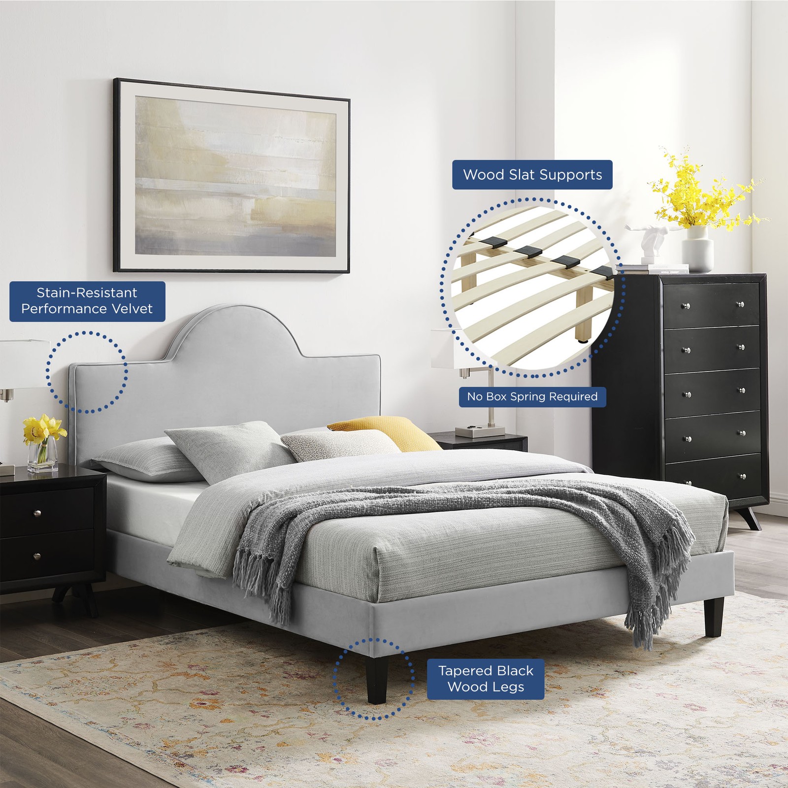 Modway Soleil Performance Velvet King Bed in Light Gray