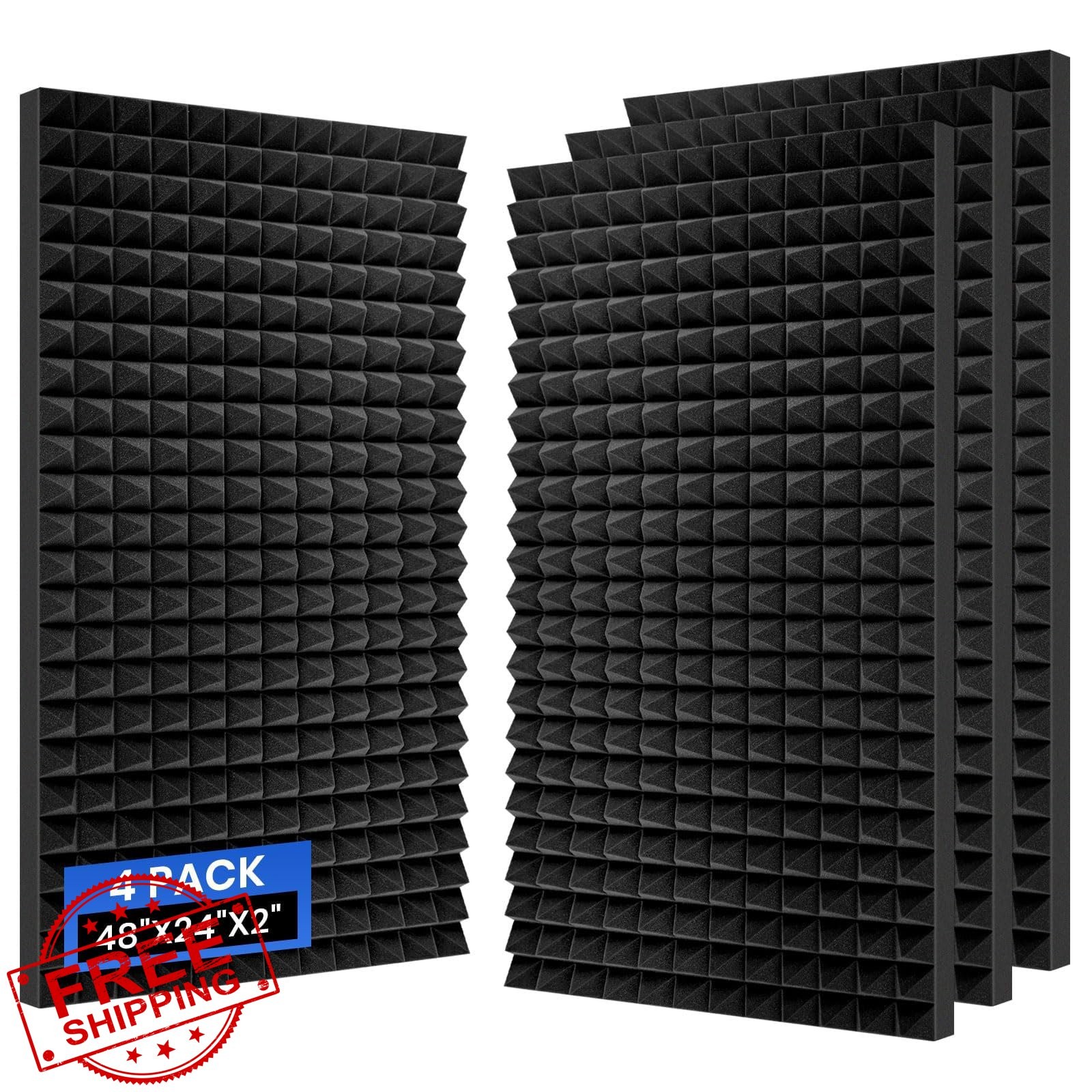 Focusound 4 Pack Pyramid Acoustic Foam Panels 48x24x2 Black
