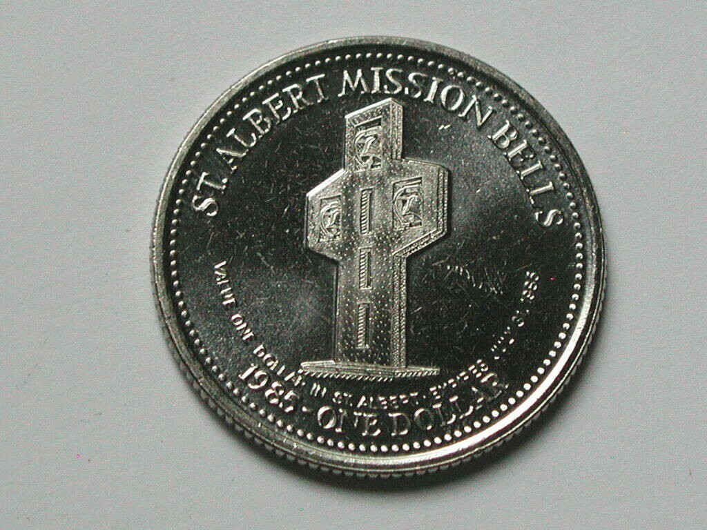 St Albert AB CANADA 1985 Trade DOLLAR Token with Church's Mission Bells Tower