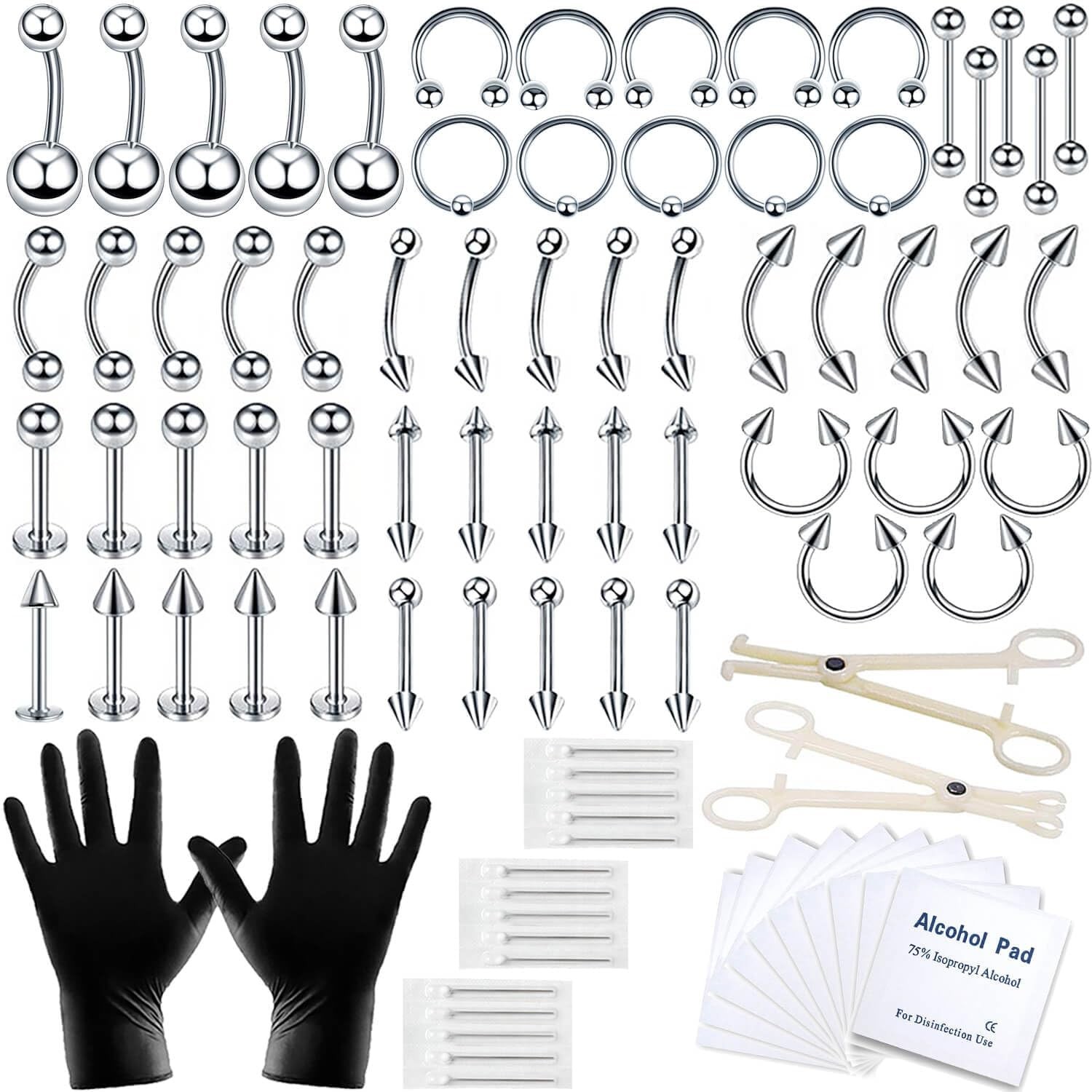 84PCS Body Piercing Kit for Nose, Tongue, Lip, Ear, Eyebrow, and More