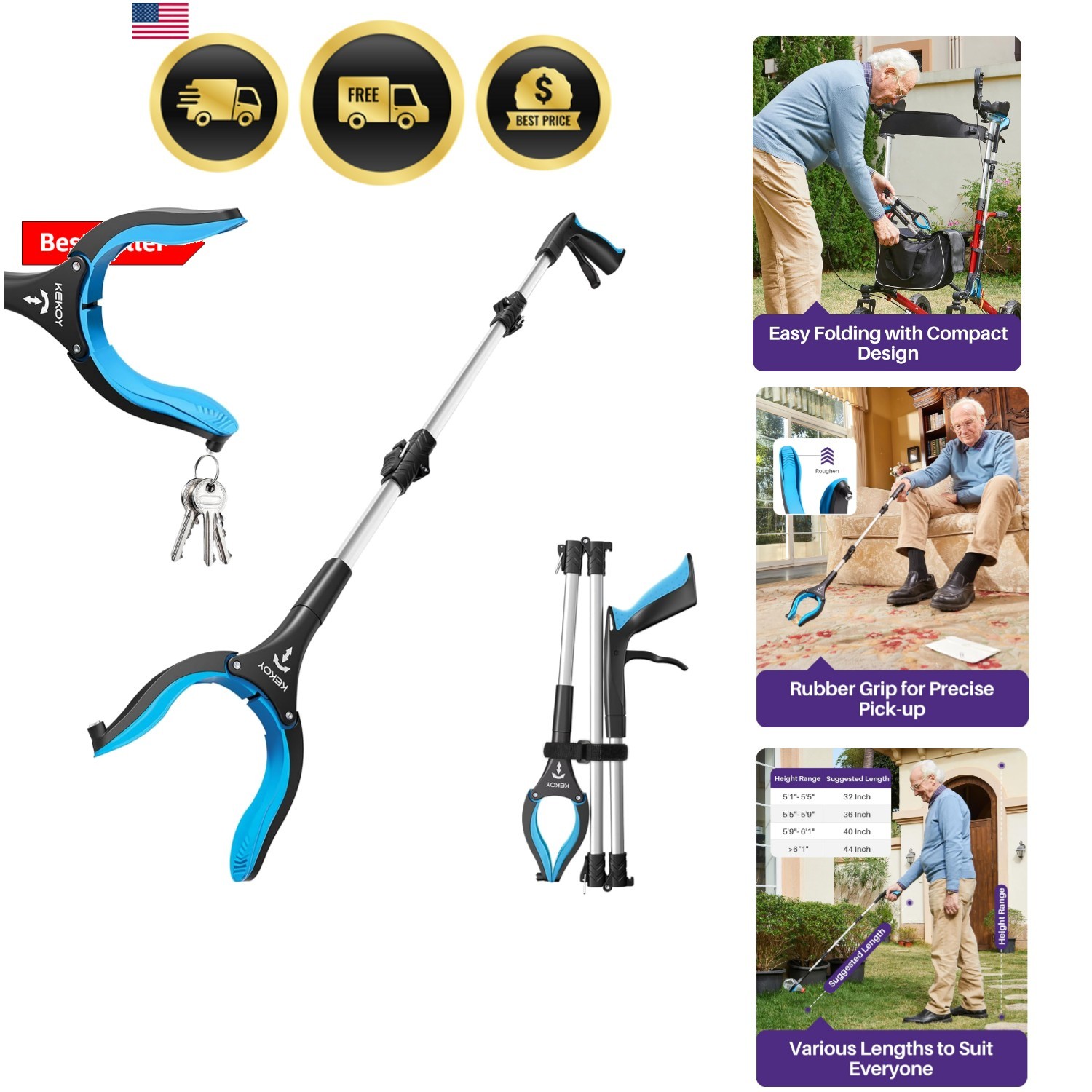 36inch Grabber Reacher Tool for Seniors, Foldable Reacher Grabbers Pickup Sti...