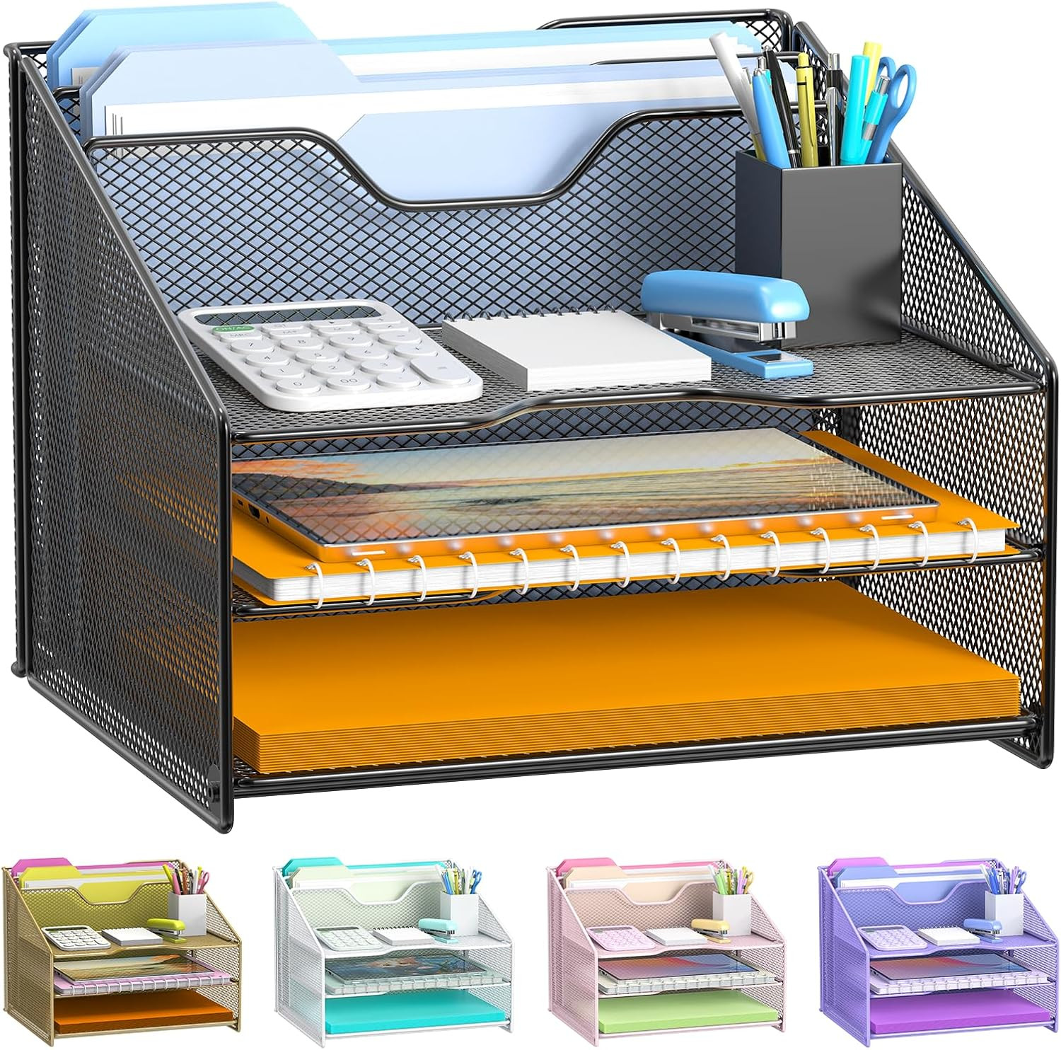 Desk File Organizer Mesh Letter File Folder Holder with 3 Paper Trays Black