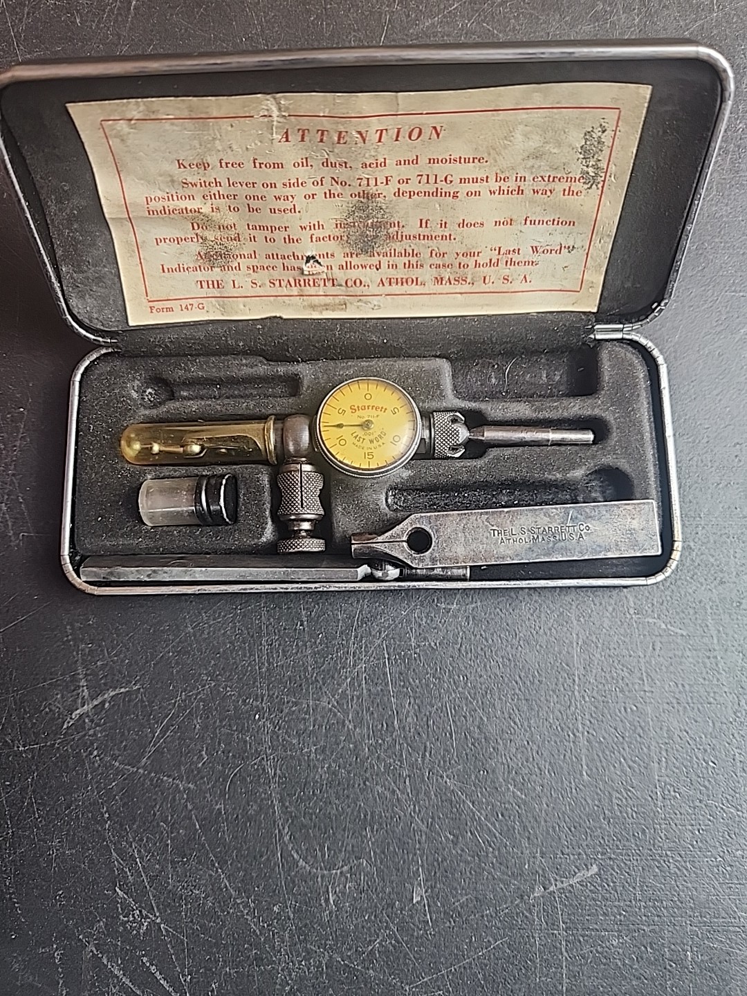 L.S. Starrett No. 711-F Last Word Machinists Test Indicator Set with Case, USA