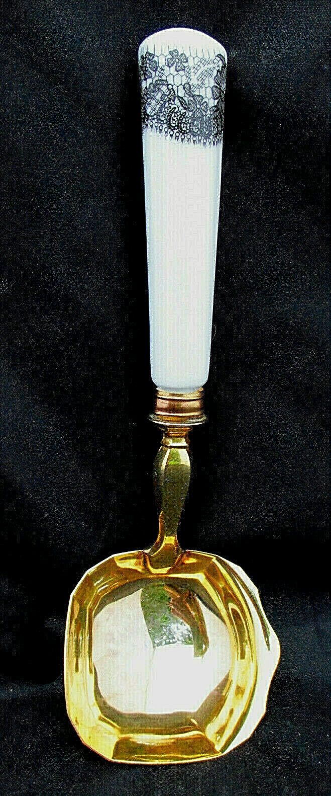 Elegant Gold Gravy Sauce Ladle White Porcelain Handle Black Floral Trim 8.5" EUC