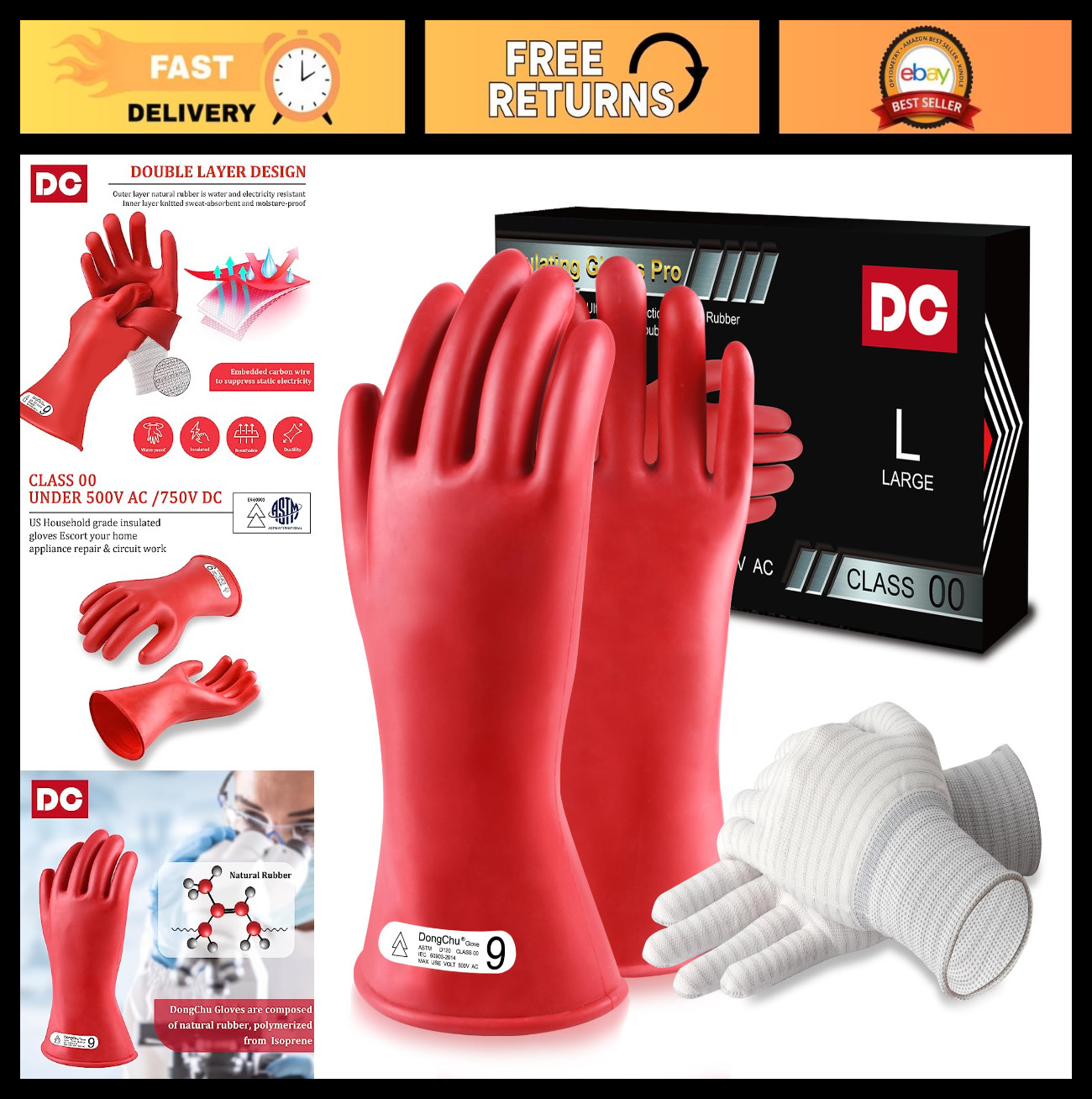 High Voltage Electrical Insulating Rubber Gloves for Linesmen - Natural Latex, D