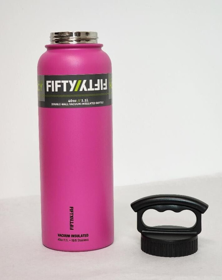 Pink 3 Finger Handle Fifty/Fifty 40oz Double Wall Insulated Steel Water Bottle