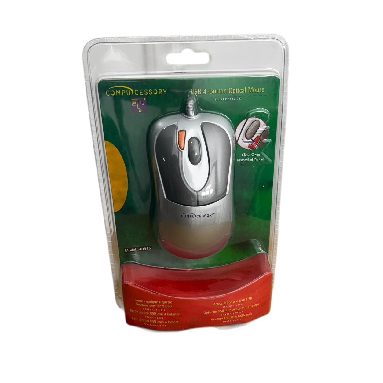 Compucessory USB 4-Button Optical Mouse Wired Model 40915 Silver Black Sealed