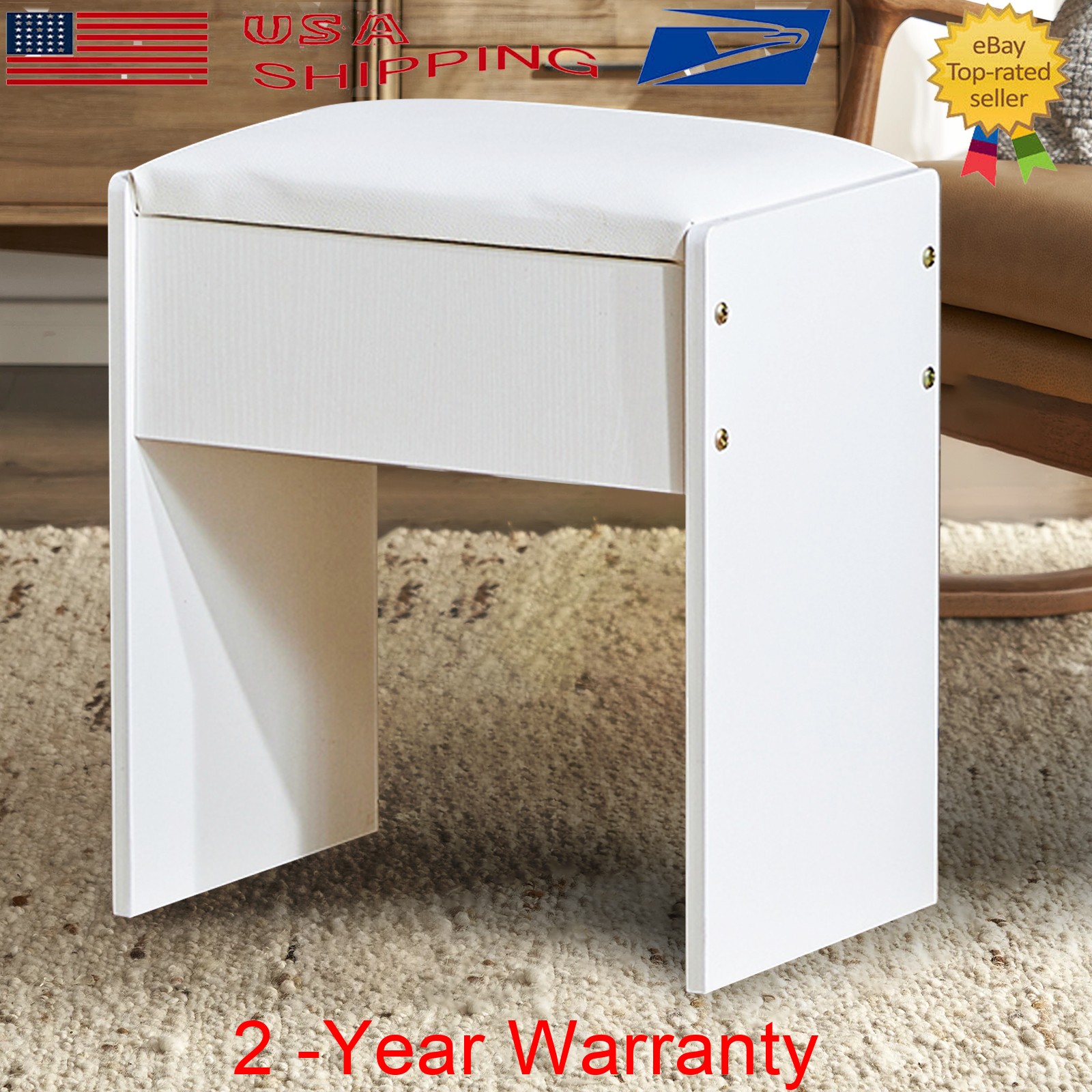 White Dresser Makeup Stool PU Padded Cushion Rest Seat Square Pouffe Stool