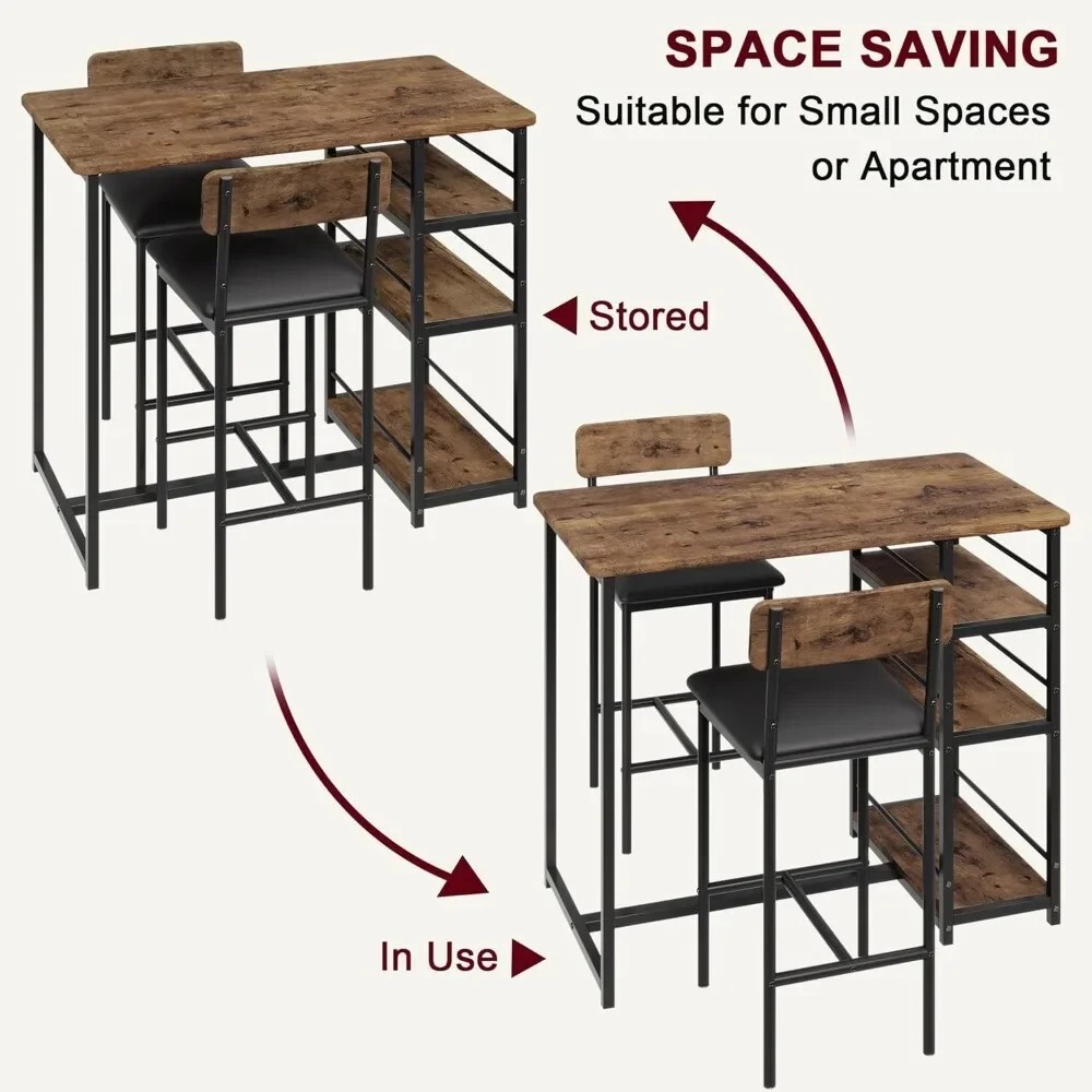 Dining Table Set for 1 Table and 2 Chairs, with 3 Storage Shelves Bar Table Set