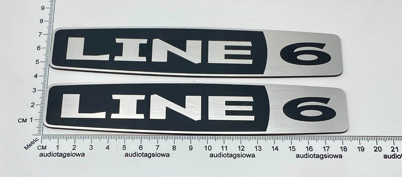 Line 6 Speaker Badges LARGE Silver Incised Acrylic PAIR Self Stick
