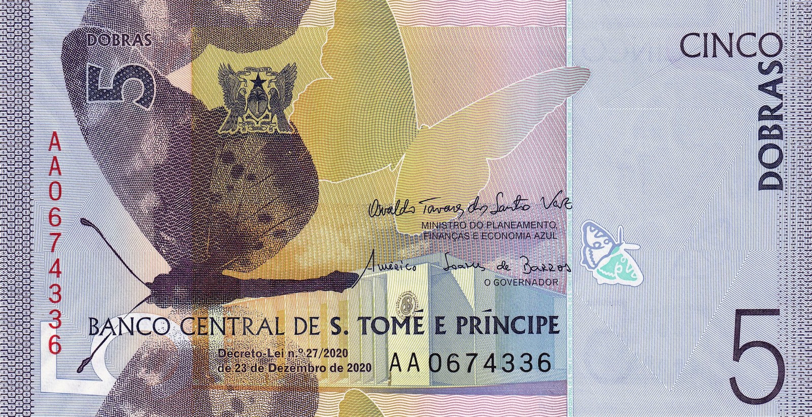 Sao Tome e Principe P-76a 5 Dobras 2020 UNC—purple—butterfly—shrew