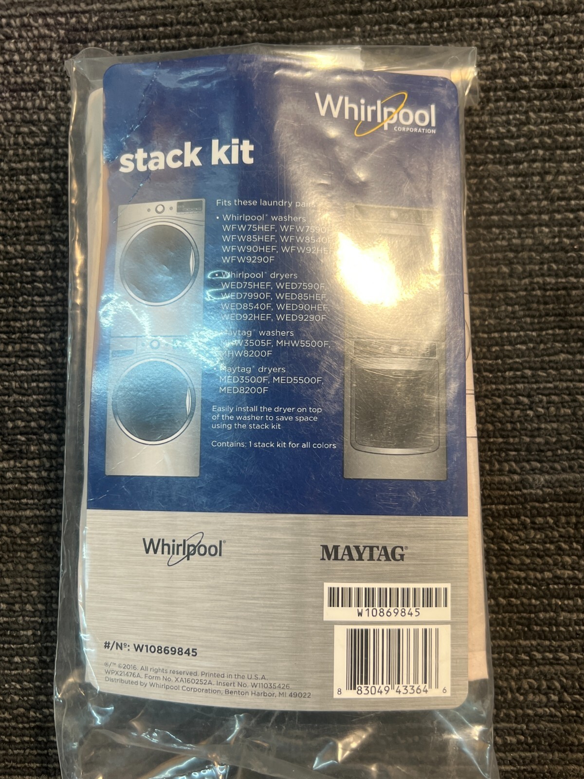 Whirlpool GENUINE Stack Kit W10869845 for Use w/Only Front-Load Washer & Dryer