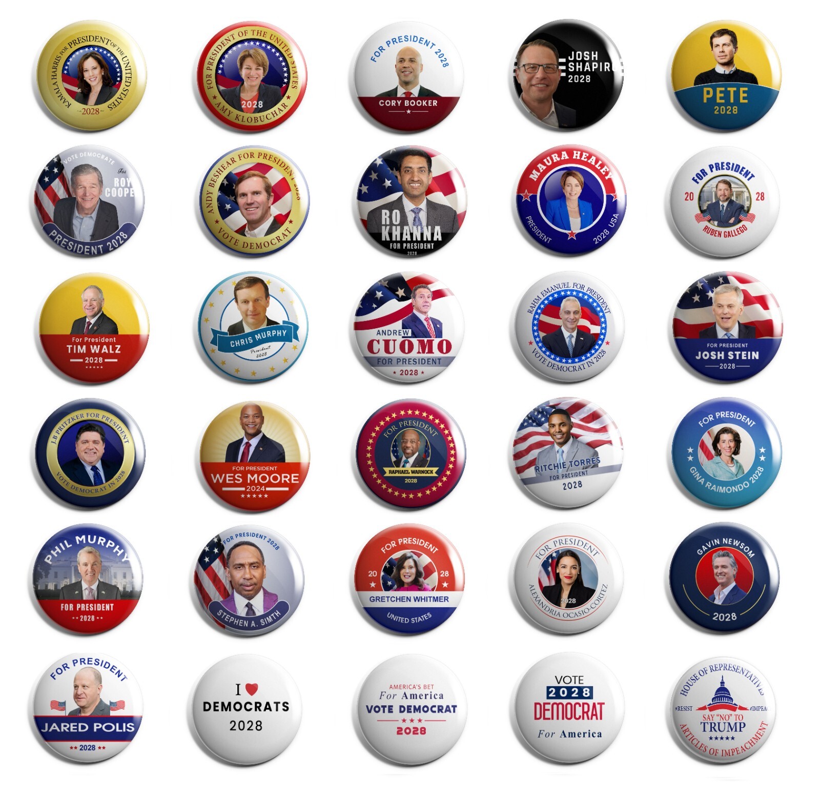 2028 Presidential Hopefuls Best Seller Buttons 30-Pack (2028-DEM-ALL)
