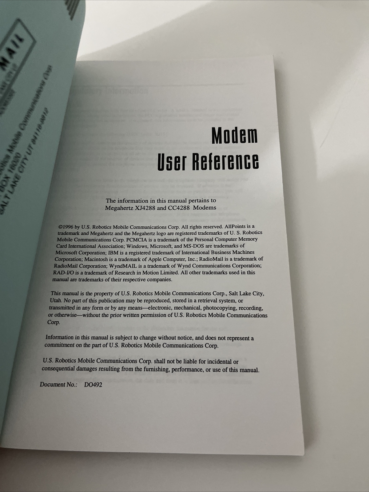 PC Card Modem User Reference Guide, Megahertz US Robotics 1996