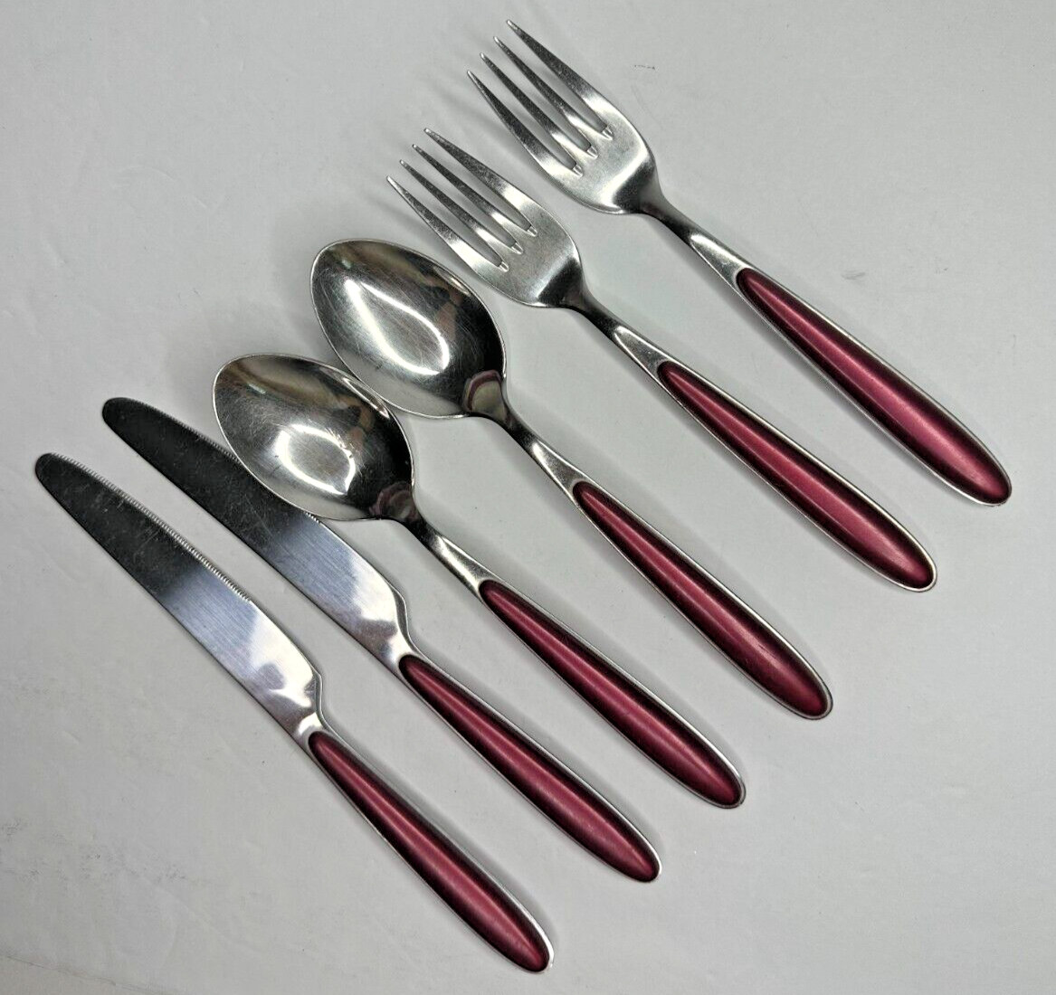Red handle Stainless Flatware Replacement 6 Pc Pearlized Burgundy Resin