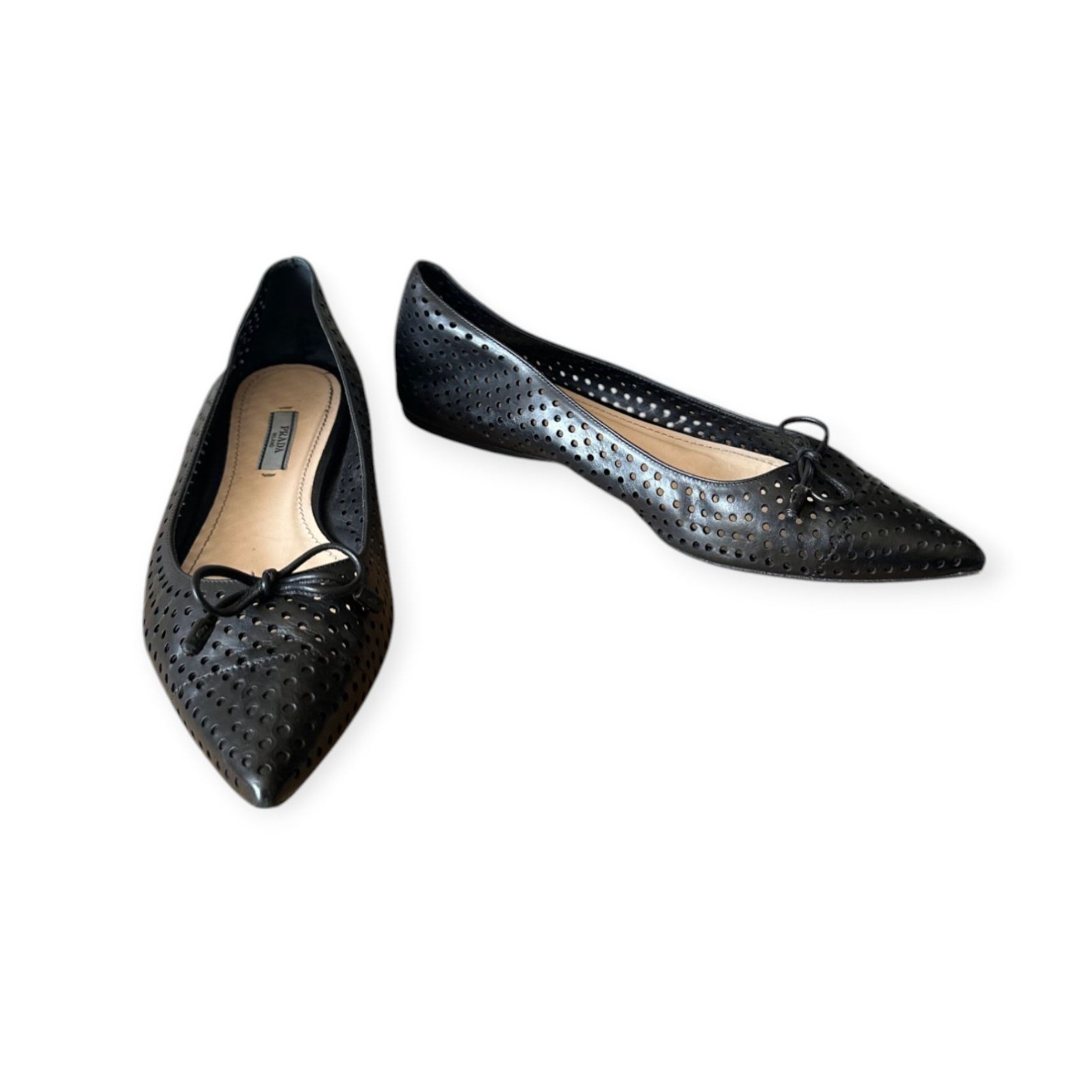 Prada Pointed Toe Flats, Black Perforated Leather, Size 39 EU, dust bag/box