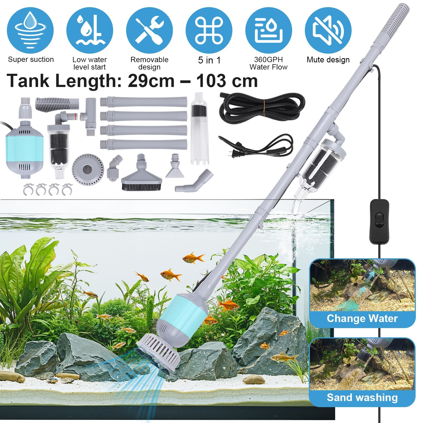 hygger Electric Aquarium Gravel Cleaner Vacuum Kit Water Change & Sand washing