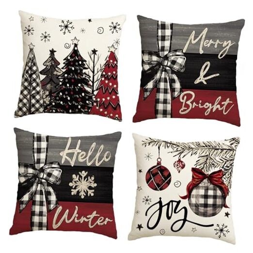 Merry Christmas Joy Xmas Trees Red Throw 18" x 18" (Pack of 4) Red&black