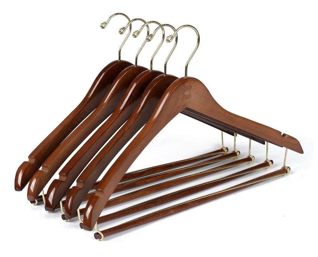 10 Curved Wooden Hangers Beautiful Sturdy Suit Coat Hangers with Locking Bar ...