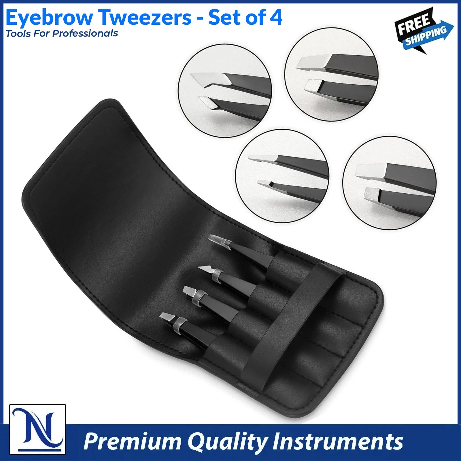 Professional Eyebrow Tweezers Set of 4 – Precision Stainless Steel Hair Removal