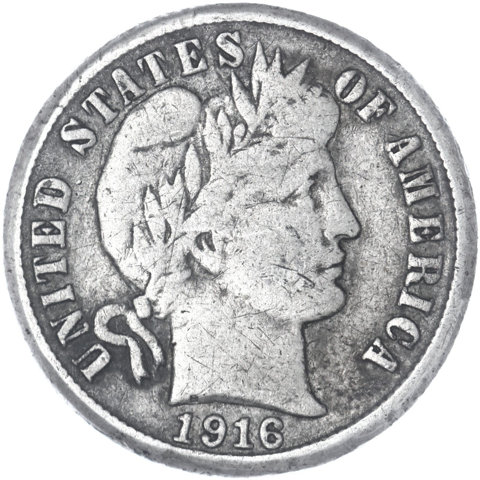 1916 (P) Barber Dime 90% Silver Very Good VG