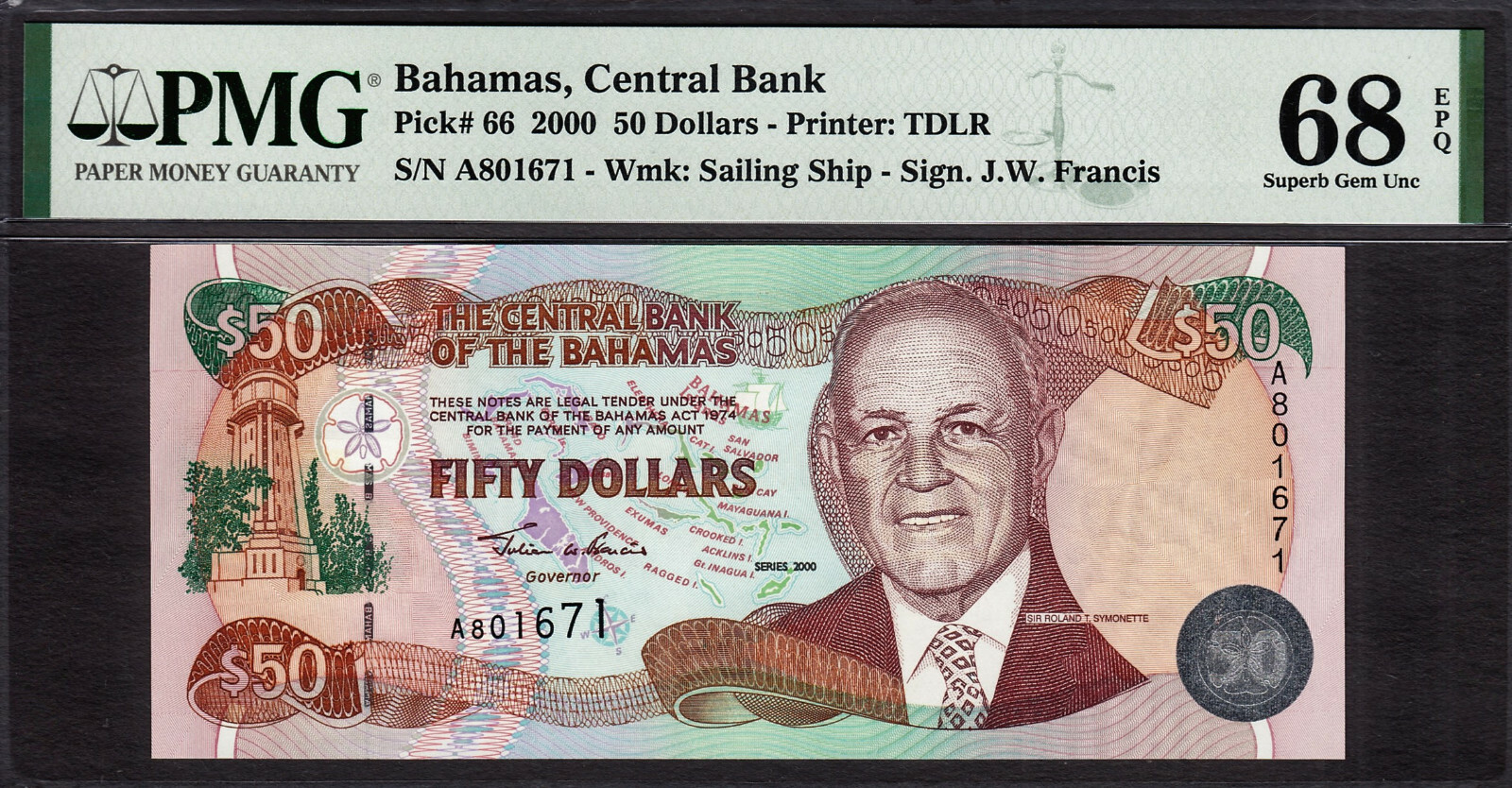 Bahamas 50 Dollars 2000 Pick-66 SUPERB GEM UNC PMG 68 EPQ **TOP GRADE**