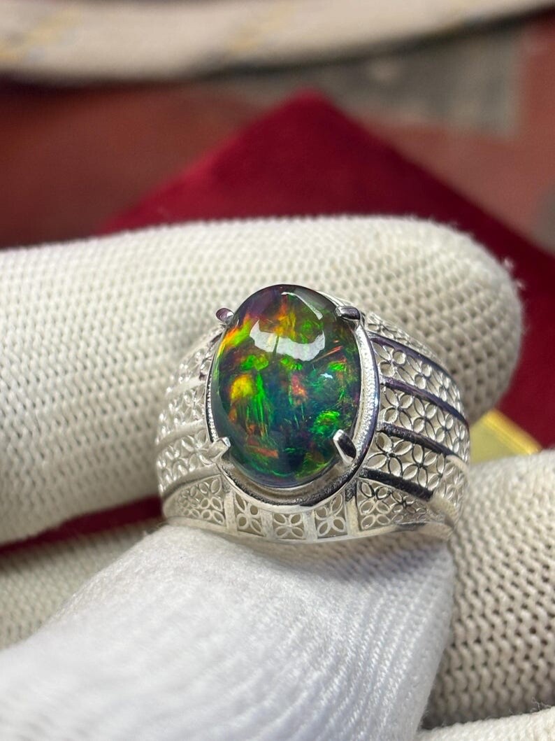 High Fire Natural Black Opal Ring, Fire Black Opal Men’s Ring, Ring For Men