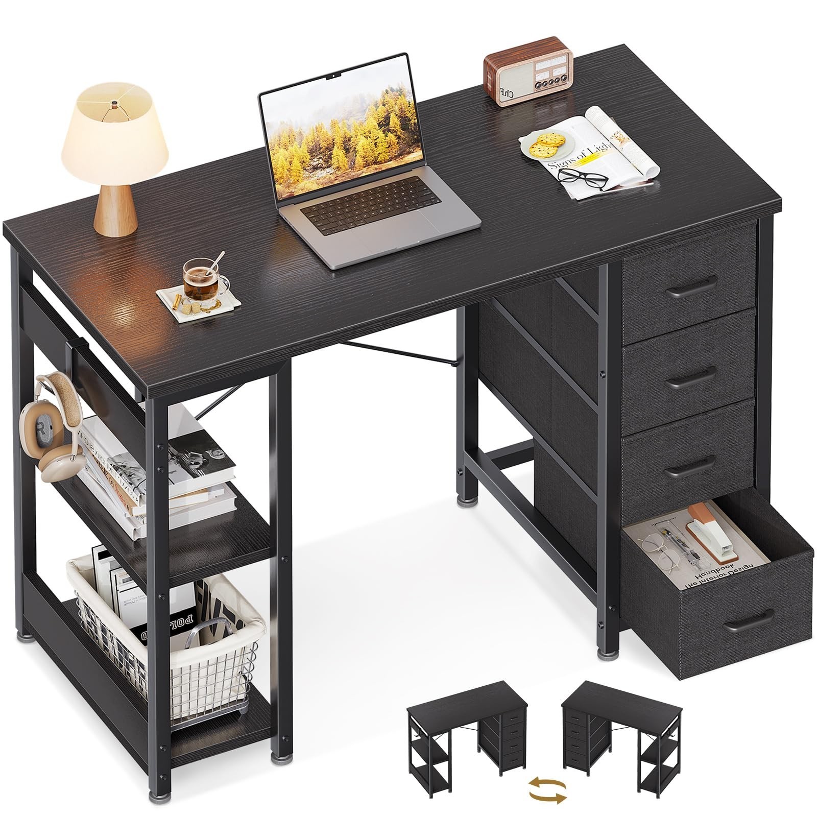Reversible Black Modern Computer Desk Study Work Writing Table for Small Spaces