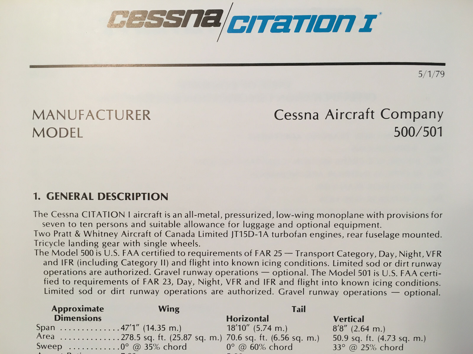 Cessna Citation I Model 500, sn 0525 & On, Specification/Description Booklet