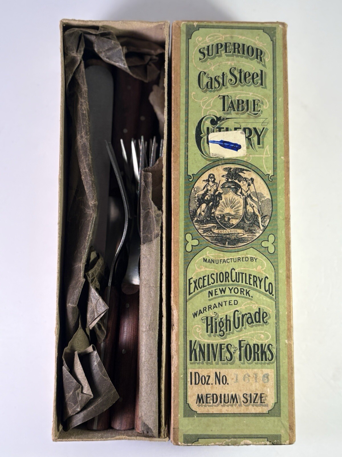 RARE 1890'S EXCELSIOR CUTLERY CO NEW YORK ORIG BOX + 6 KNIFES + 6 FORKS VTG WOW!