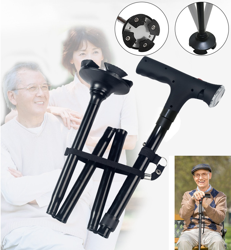 Elder Folding Walking Stick Walking Cane Height Adjustable LED Light Alarm US