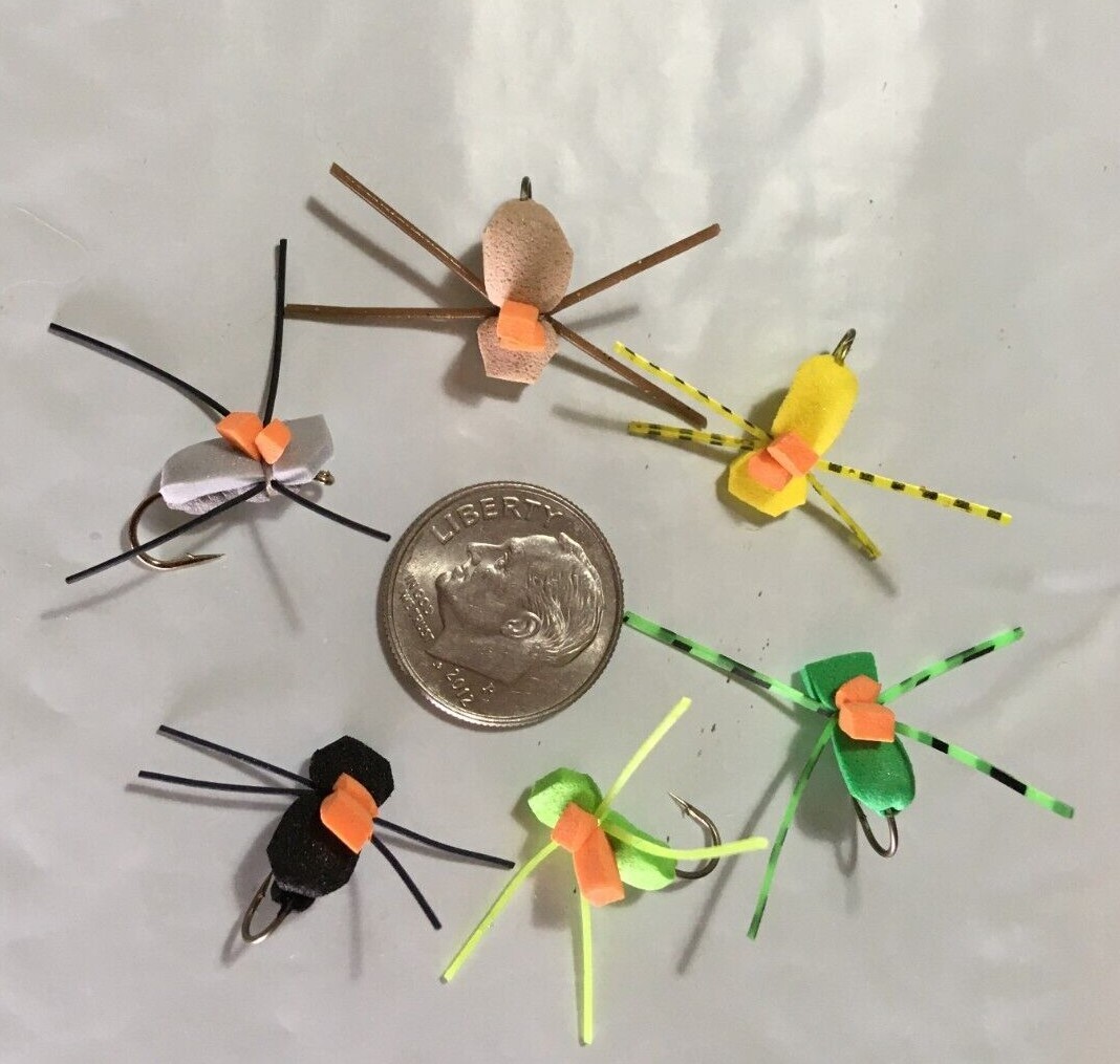 HI-VIS FOAM SPIDERS TWO PER AUCTION SIZE 12 HOOK SIX COLORS BLUEGILL FLY FISHING
