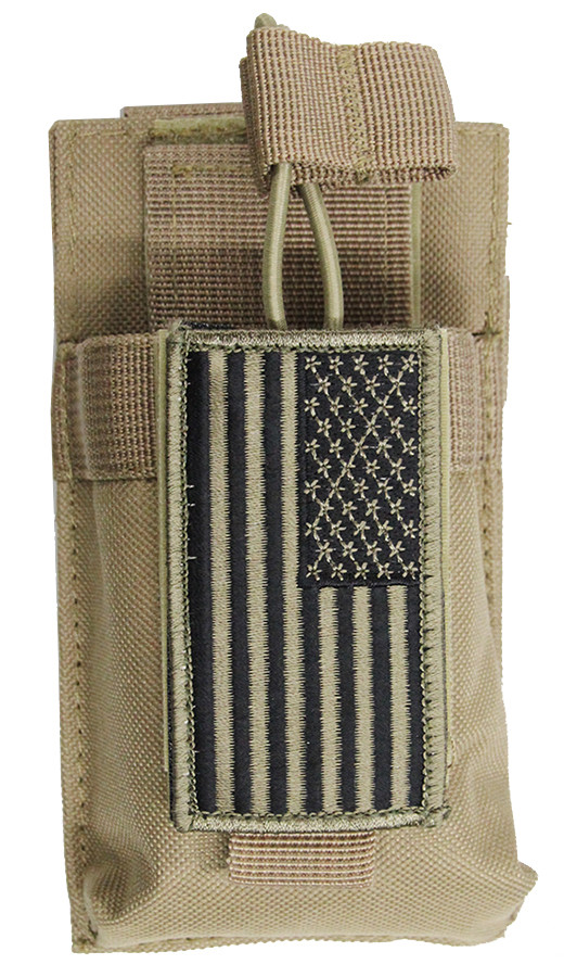 TAN MOLLE Radio Pouch + USA FLAG Patch For BAOFENG BTECH YAESU ICOM MOTOROLA