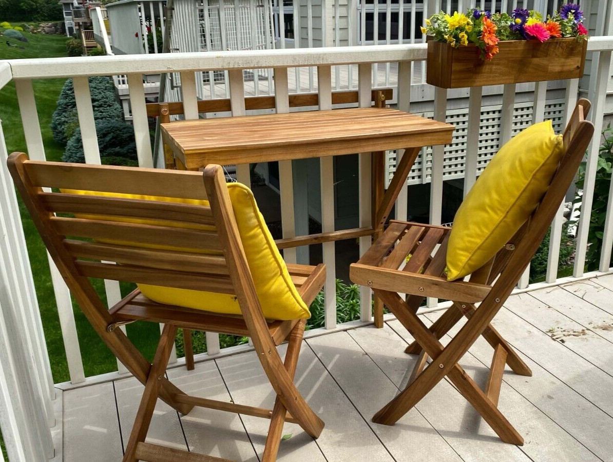 Patio Wise Outdoor Folding Acacia Wood Balcony Railing Table, Foldable Deck Bar