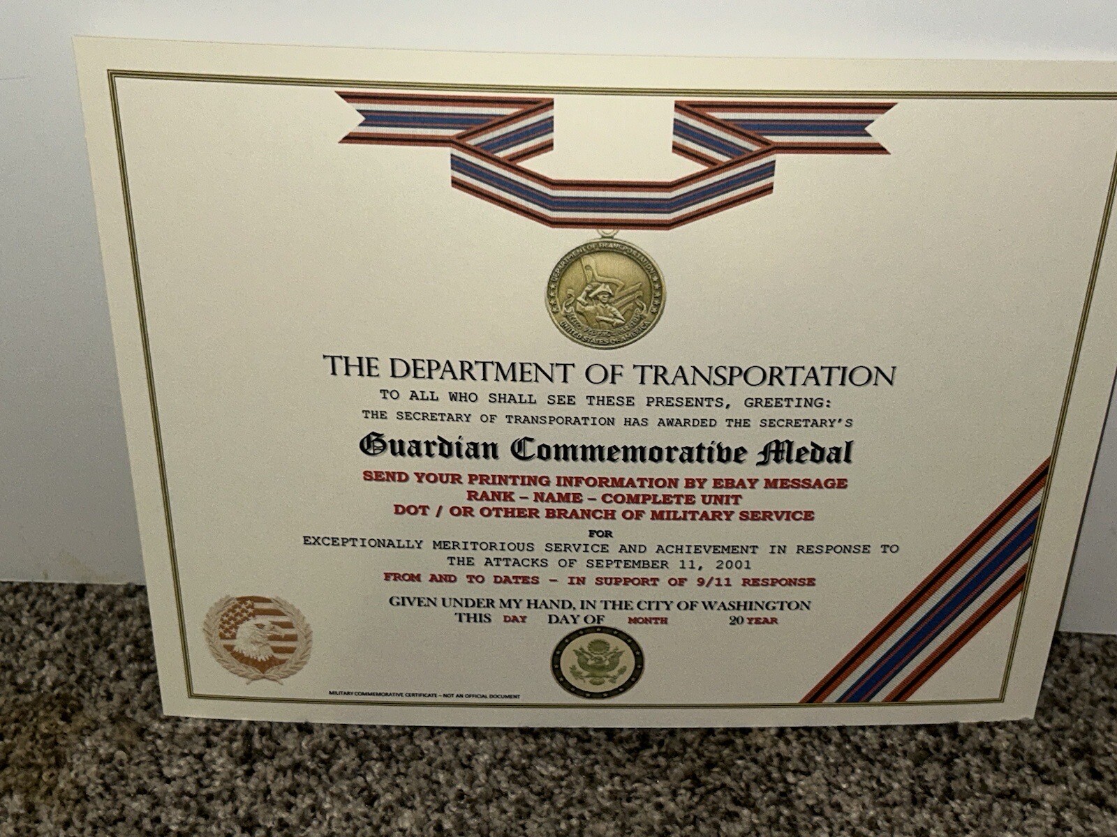 D.O.T. GUARDIAN MEDAL COMMEMORATIVE CERTIFICATE ~ TYPE-2 w/PRINTING