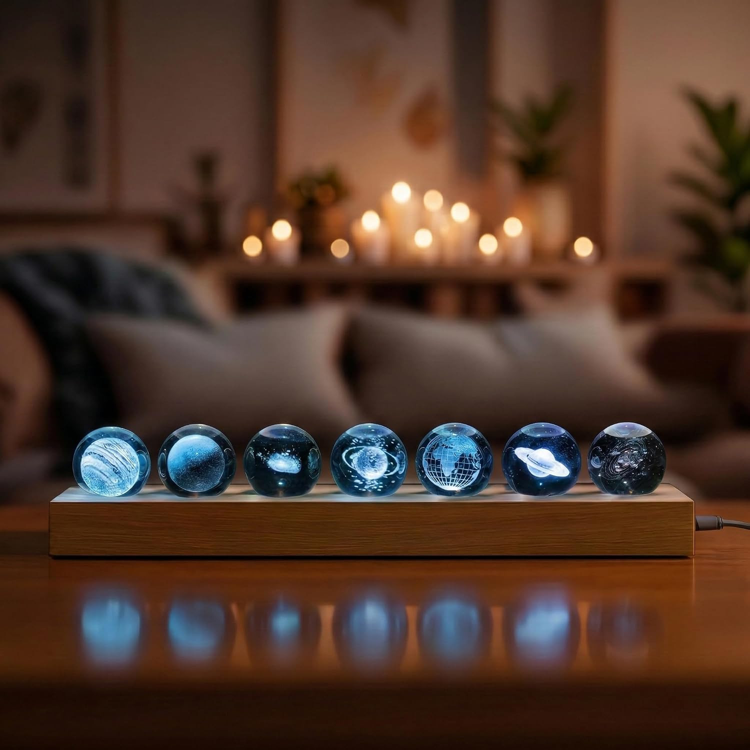 7 Pcs Planet Crystal Ball Night Light Lamp with LED Wooden Base, Astronomy Gifts