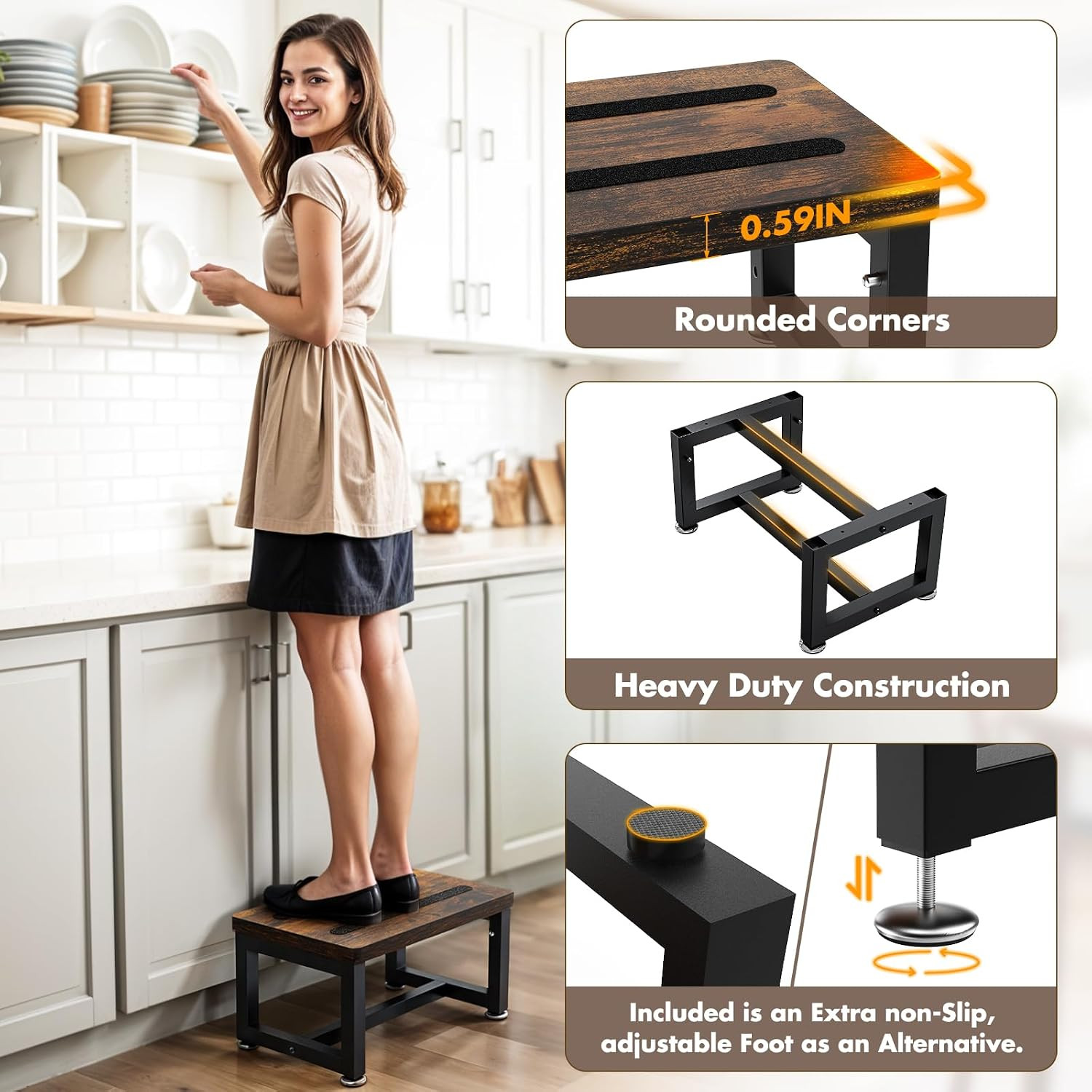 Step Stool, Height-Adjustable Wooden Step Ladder Metal Foot Stool Small Kitchen