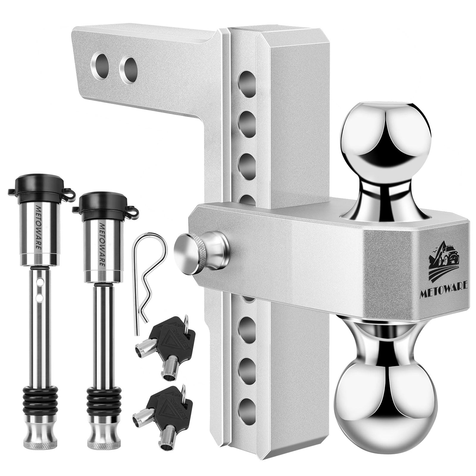 METOWARE Adjustable Drop Hitch - Aluminum Tow Fits 8-inch Drop, Silver