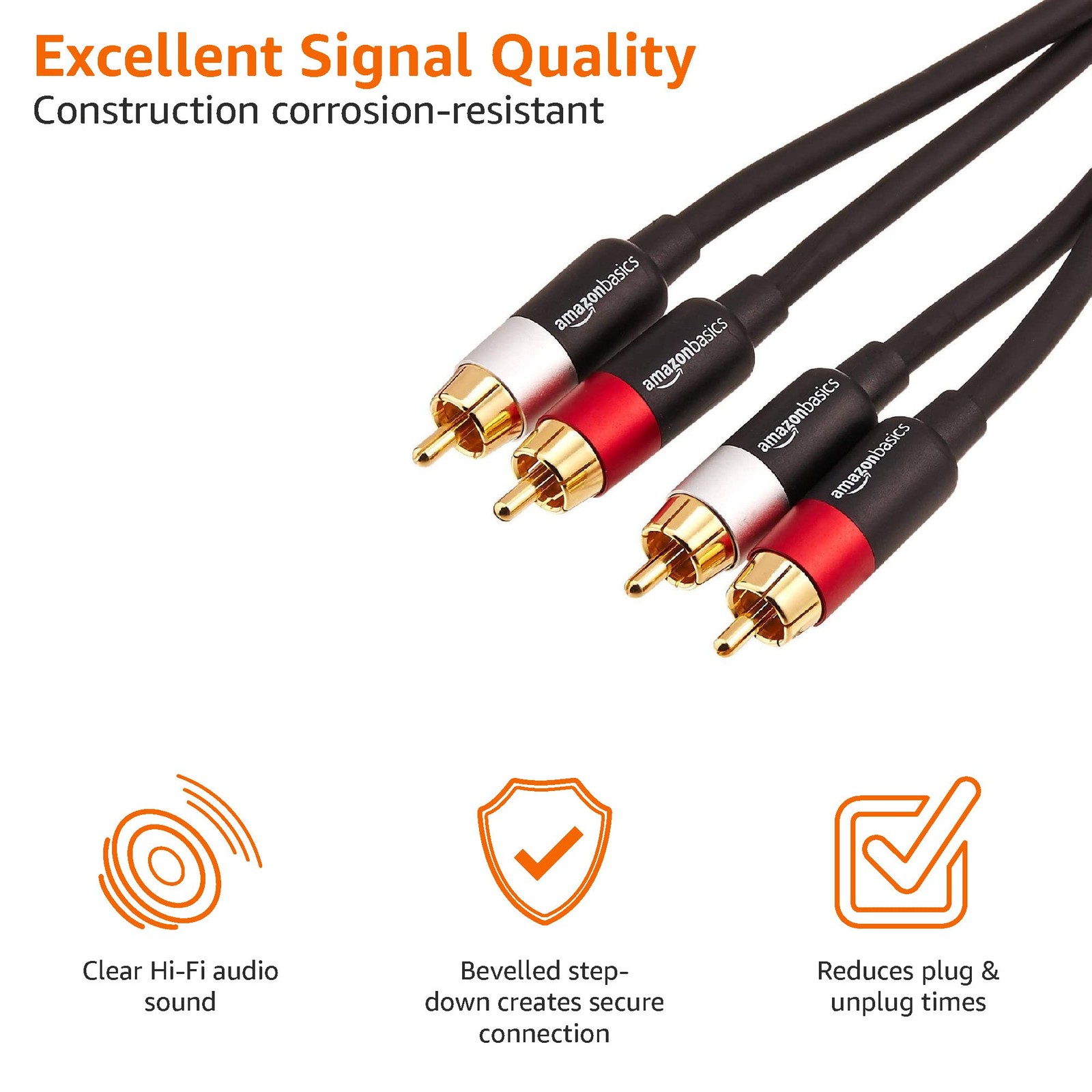 Amazon Basics 2 RCA Audio Cable for Amplifier,Active Speakers 15 Feet, Black