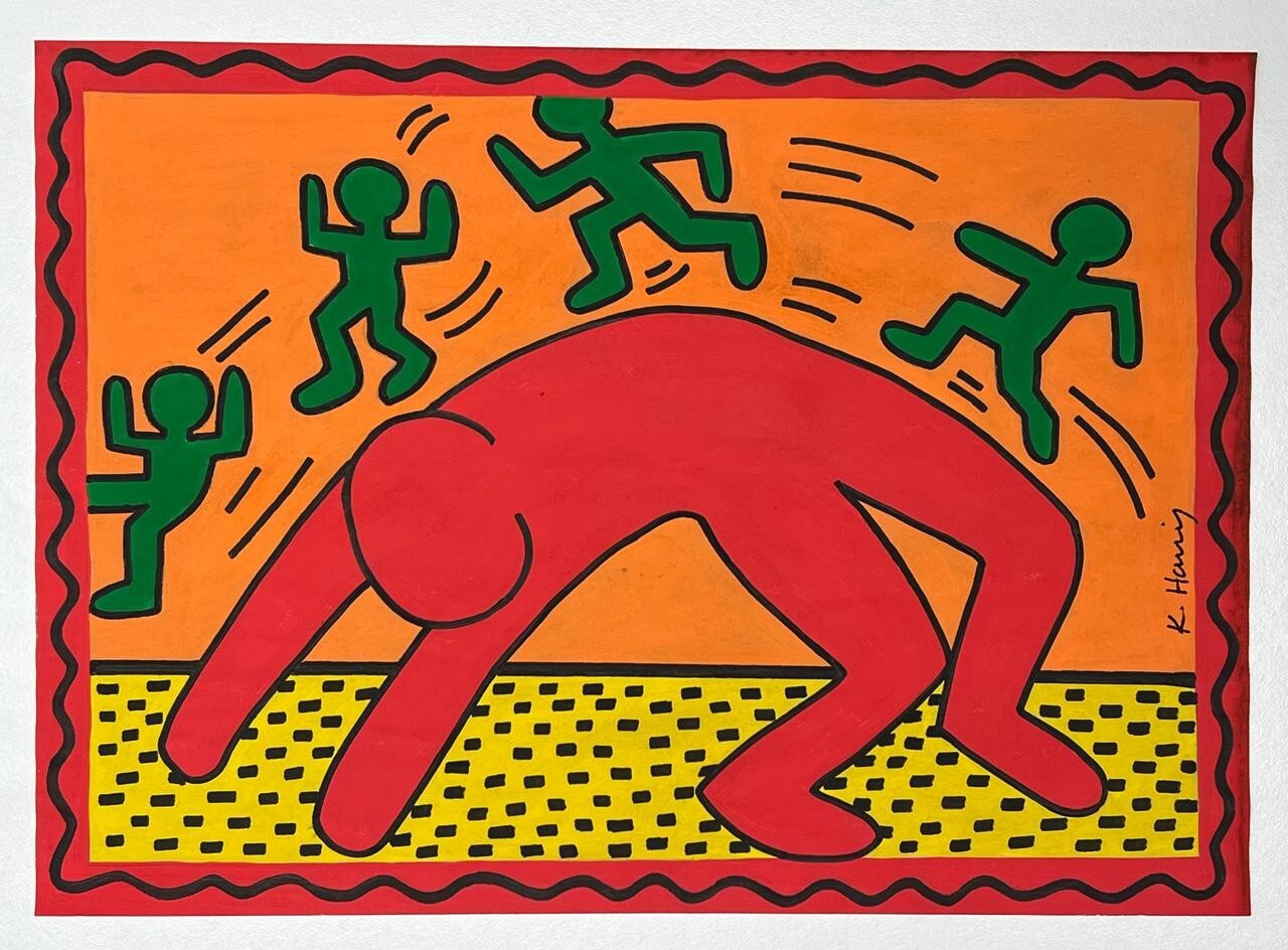 Keith Haring (Handmade) Drawing On Old Paper Signed & Stamped, vtg art