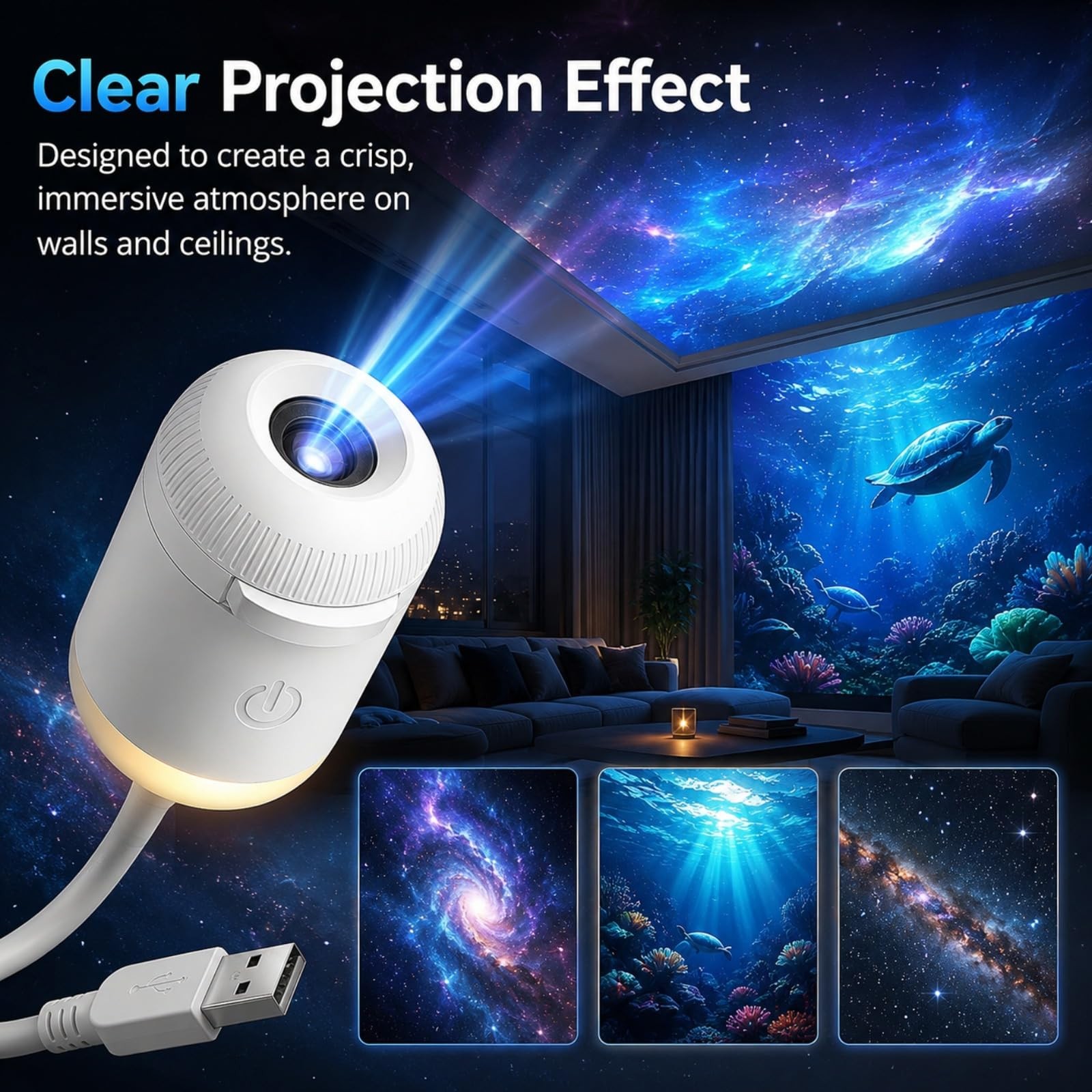 Plug and Play HD Star Projector Night Light, USB Galaxy Ocean Ceiling Projector