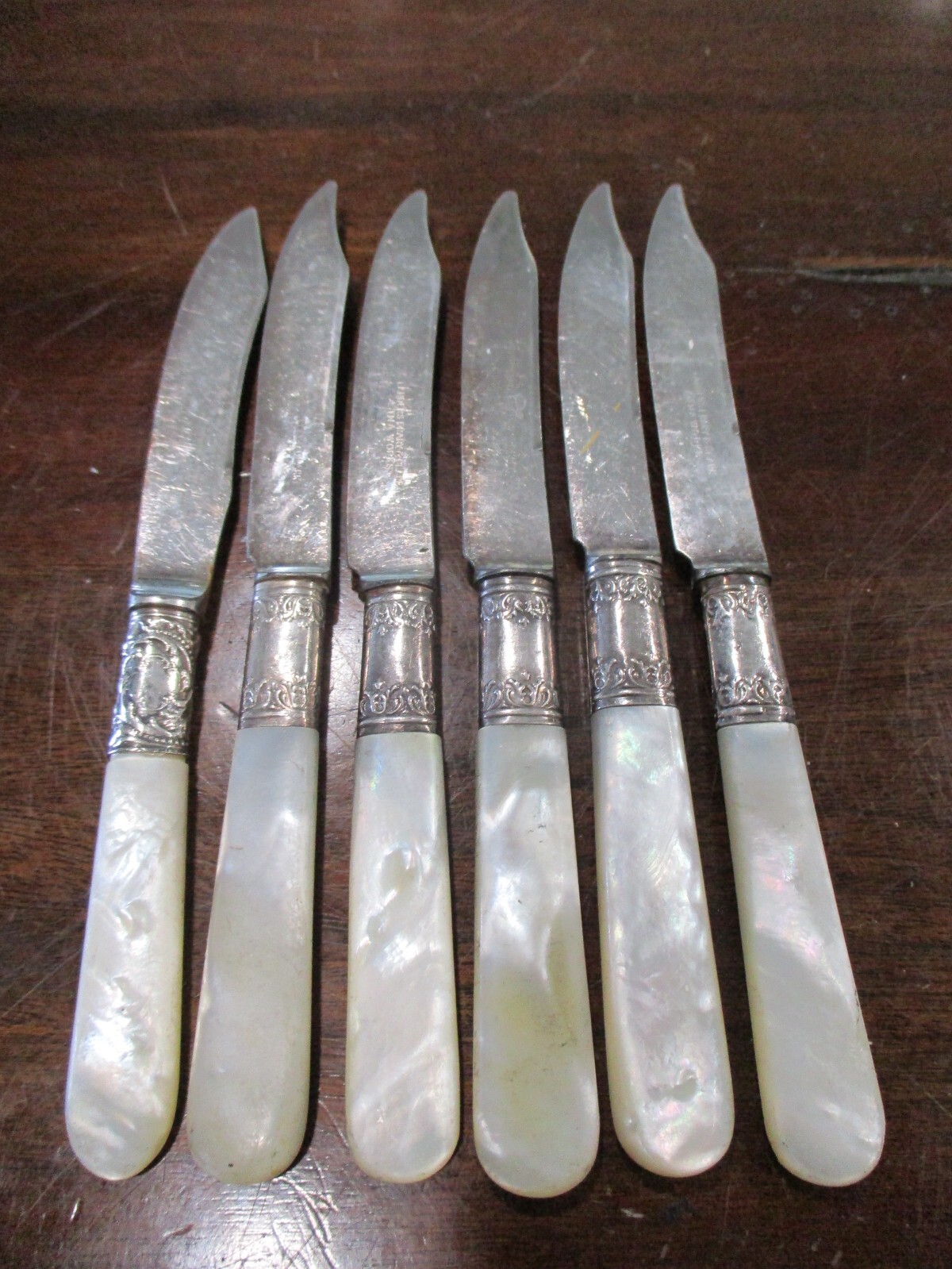SIX LANDER'S FRARY & CLARK MOTHER OF PEARL HANDLE STERLING BAND 6 1/4'' KNIVES