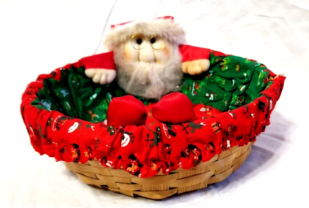 Spectacle Santa Gift Bread Basket Wicker w Xmas Red Green Holiday Cloth VTG