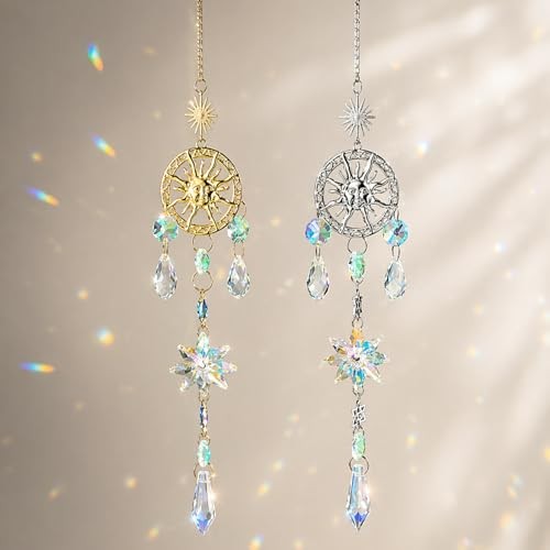 2 Pcs Gold/Silver Crystal Suncatchers, Rainbow Maker with Crystal Prisms,
