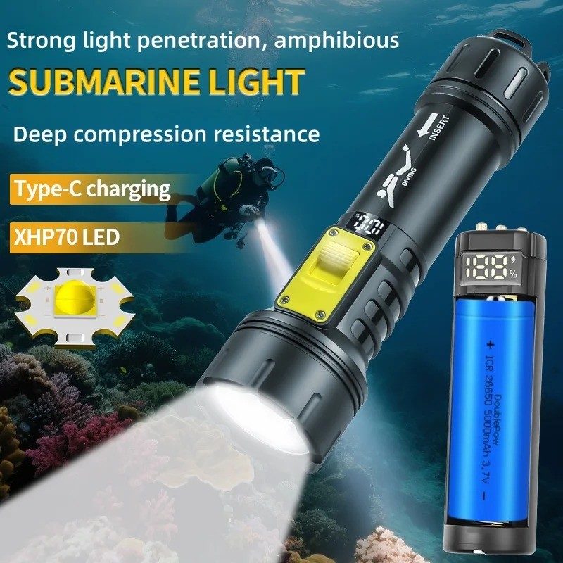 New P70 Diving Flashlight IPX8 Waterproof Digital Charging Case Underwater Torch