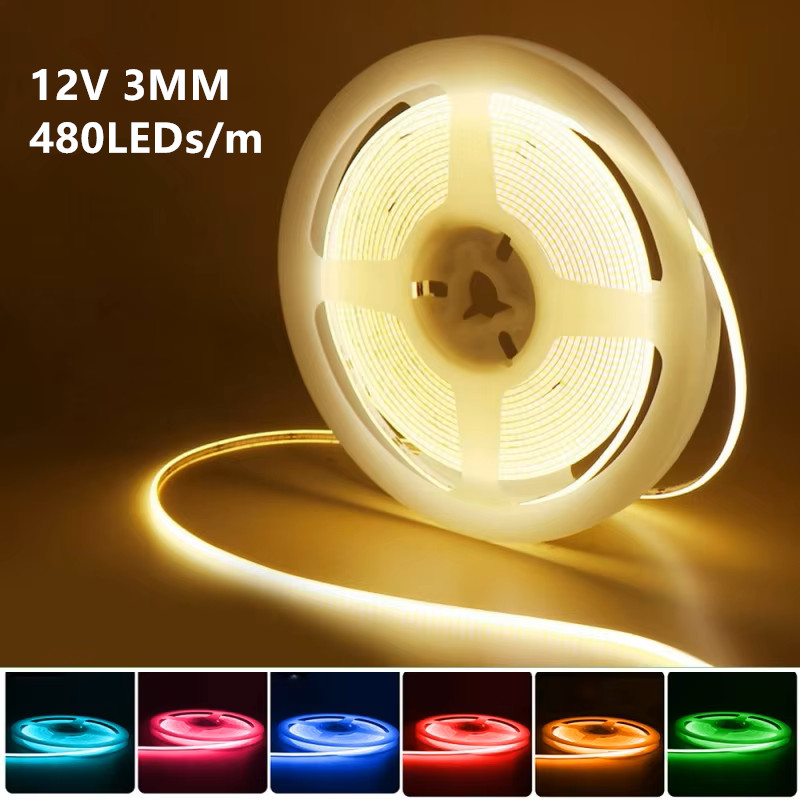 Ultra Thin COB LED Strip 12V 3mm Width Flexible 480LEDs/m Tape Light Strips Home