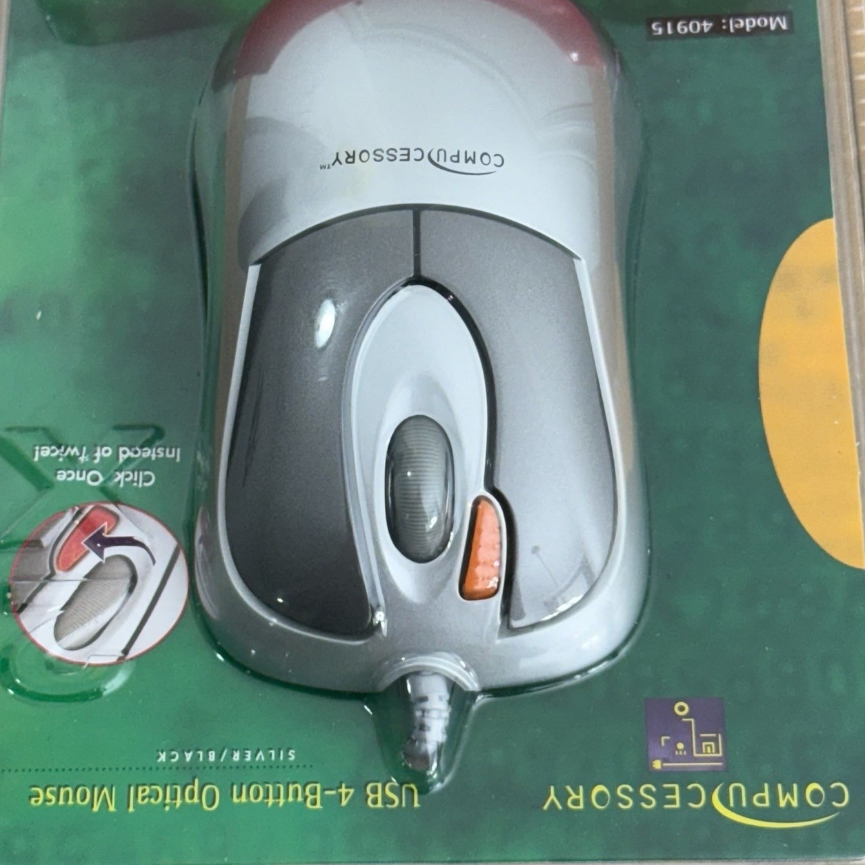 Compucessory USB 4-Button Optical Mouse Wired Model 40915 Silver Black Sealed