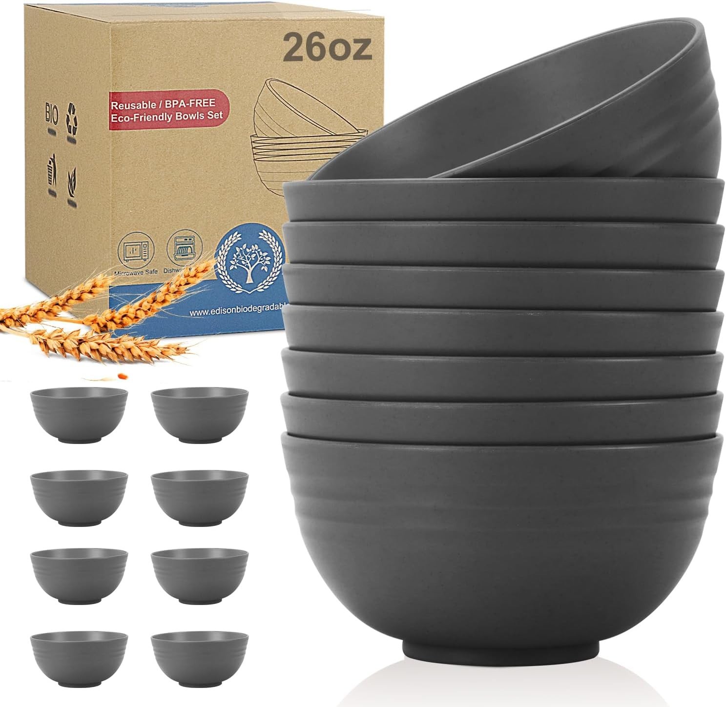 Wheat Straw Bowls Set 8Pcs 26Oz Unbreakable Microwave Dishwasher Safe Camping
