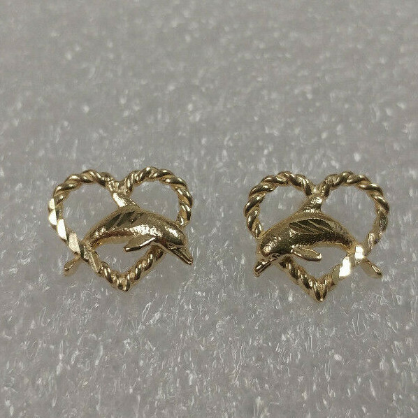 New 14k Yellow Gold Dolphin Love Earrings