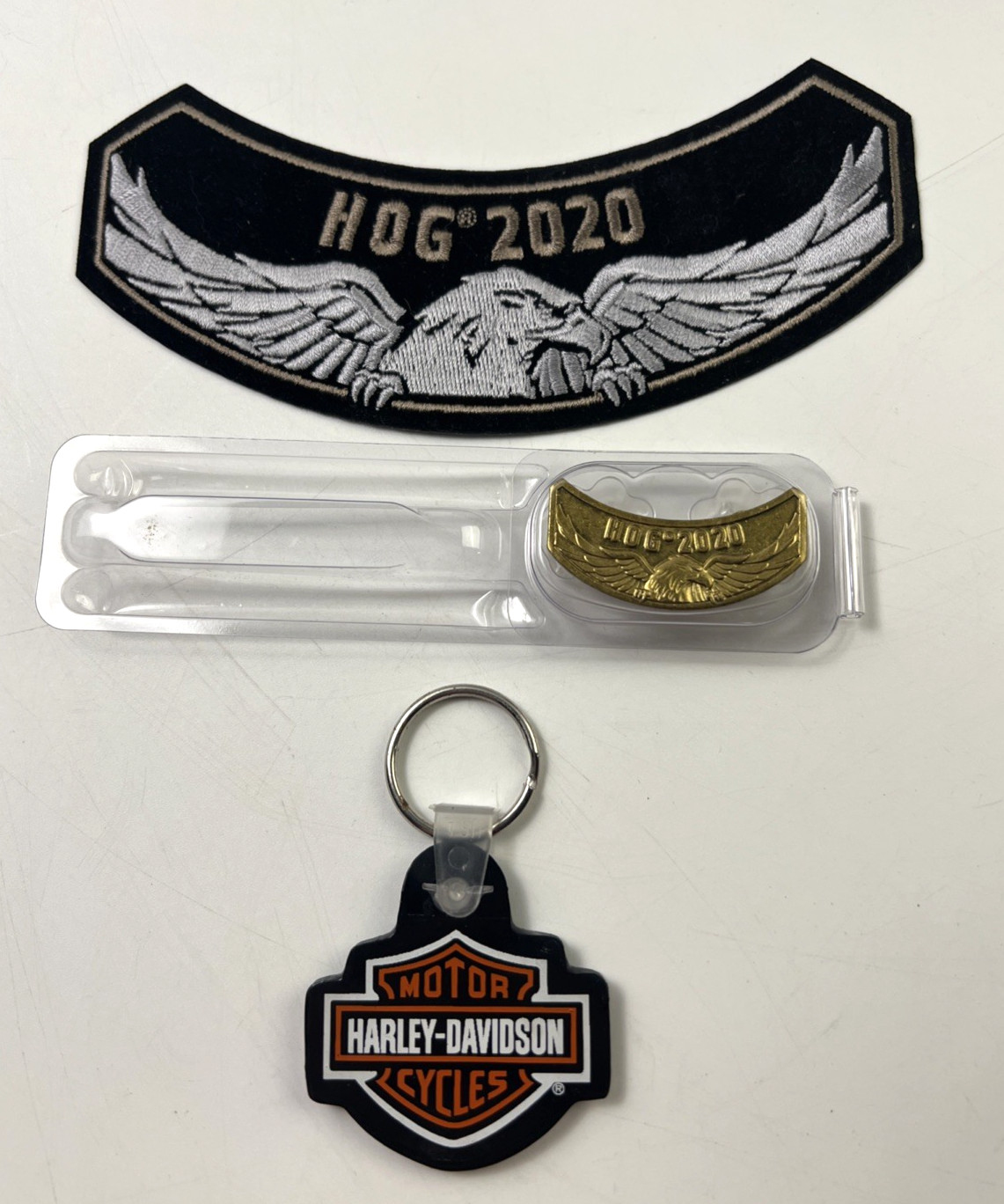 NEW Harley Davidson Owners Group Lot:  1 - 2020 Patch, 1-2020 Pin and Key Ring